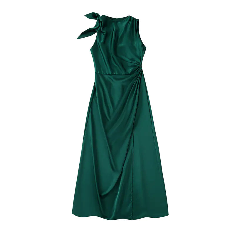 Vintage Pleated Silk Satin Texture Decoration Dress